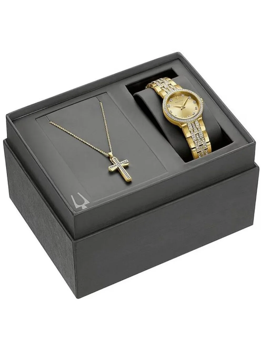 NWT Bulova Crystal Collection Quartz Champagne Dial Ladies Watch & Cross Gift Se